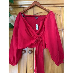 Express Red Tie Front Smocked Blouse XS NWT